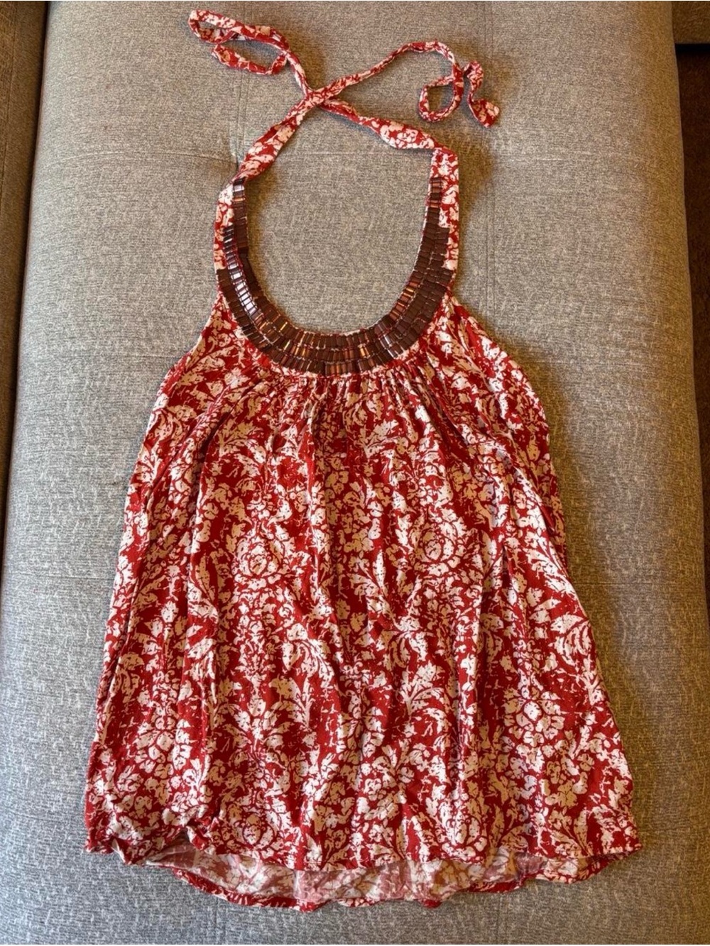 Elle Red Floral Halter Top with Beaded Neckline